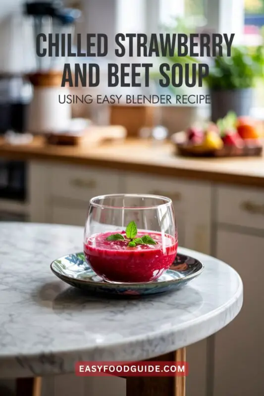 Chilled strawberry and beet soup in a clear bowl, garnished with strawberries and mint, served with whipped cream.
