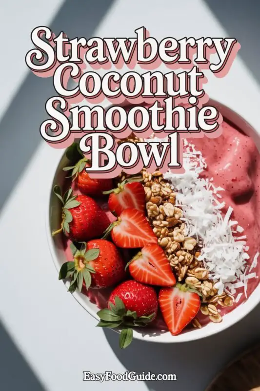 Strawberry Coconut Smoothie Bowl topped with granola, fresh strawberries, and chia seeds on a rustic table.