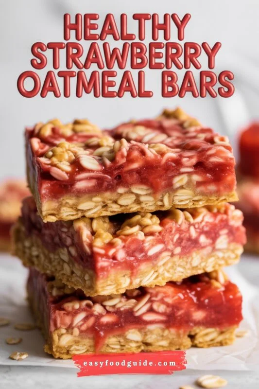 Stack of healthy strawberry oatmeal bars with fresh strawberries, showcasing a golden crust and vibrant red filling.