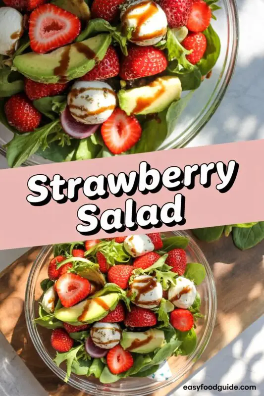 A fresh strawberry salad with avocado, cherry tomatoes, and mozzarella on arugula, garnished with basil and balsamic dressing.