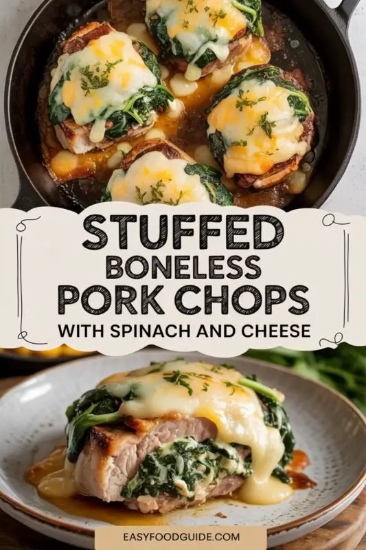 Stuffed boneless pork chops with spinach and cheese filling, garnished with parsley.