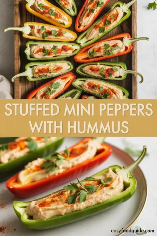 A vibrant platter of hummus stuffed mini peppers, garnished with parsley and paprika.