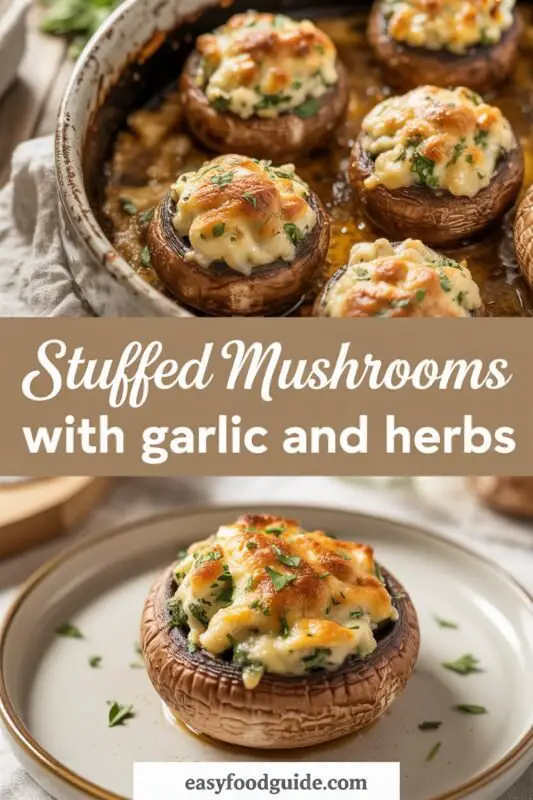 A delicious platter of golden-brown baked stuffed mushrooms filled with Boursin cheese and herbs.