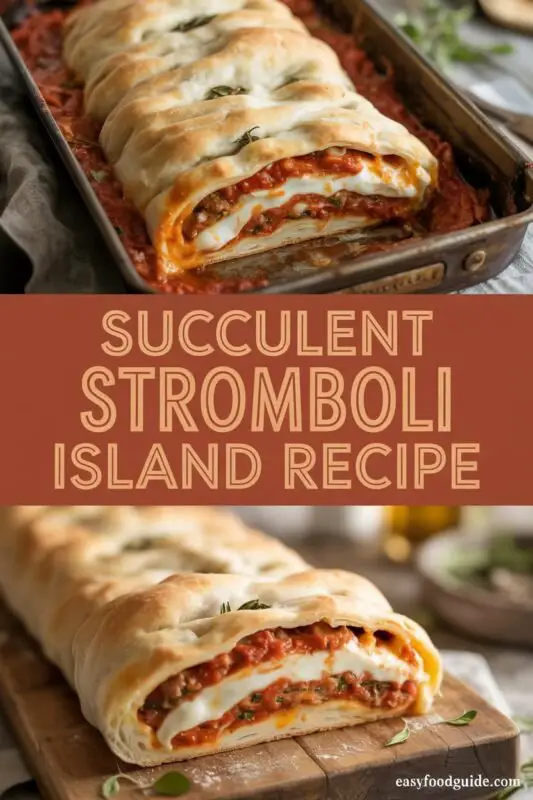 Golden baked Stromboli filled with sausage, cheese, and marinara sauce on a wooden board, with dipping sauce.