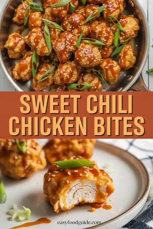 A plate of crispy sweet chili chicken bites garnished with green onions.