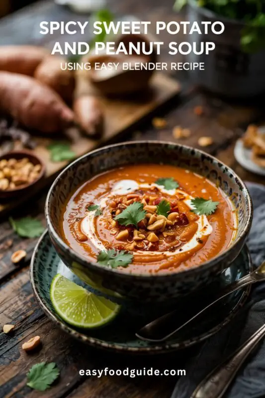 A vibrant bowl of Spicy Sweet Potato and Peanut Soup with toppings of crushed peanuts and coconut cream, garnished with cilantro and served with lime.