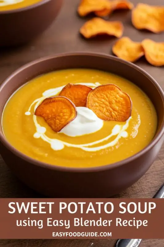 Creamy sweet potato soup in a brown bowl with sour cream and sweet potato chips, warm dinner roll on the side, in warm lighting.