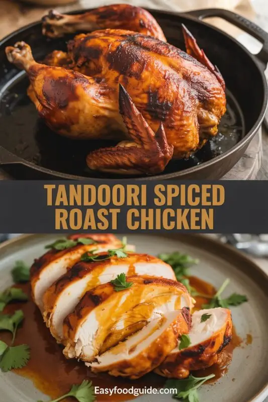 A Tandoori Spiced Roast Chicken with crispy skin, garnished with herbs.