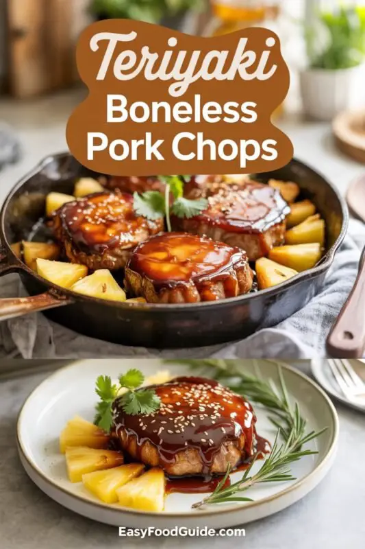 Plated Teriyaki Boneless Pork Chops with pineapple slices and green onion garnish on a wooden table.