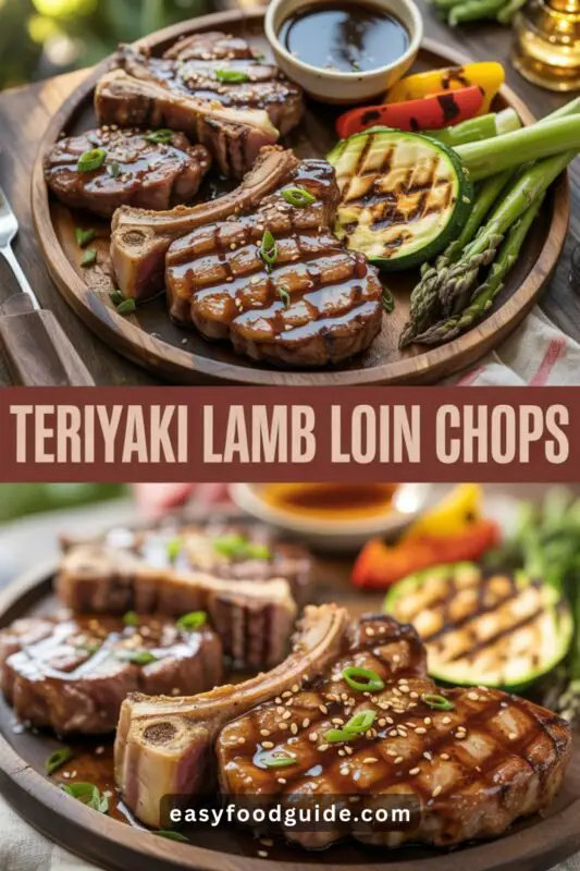 teriyaki-lamb-loin-01 Sizzling Teriyaki Lamb Loin Chops on the grill, garnished with sesame seeds and green onions, with grilled veggies in the background.