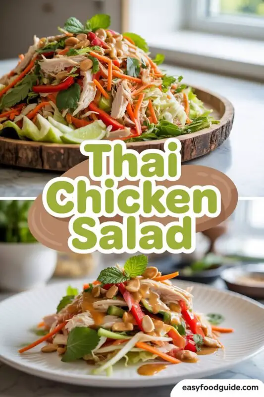 A colorful bowl of Thai Chicken Salad with shredded chicken, crunchy veggies, and peanut dressing, garnished with cilantro and lime.