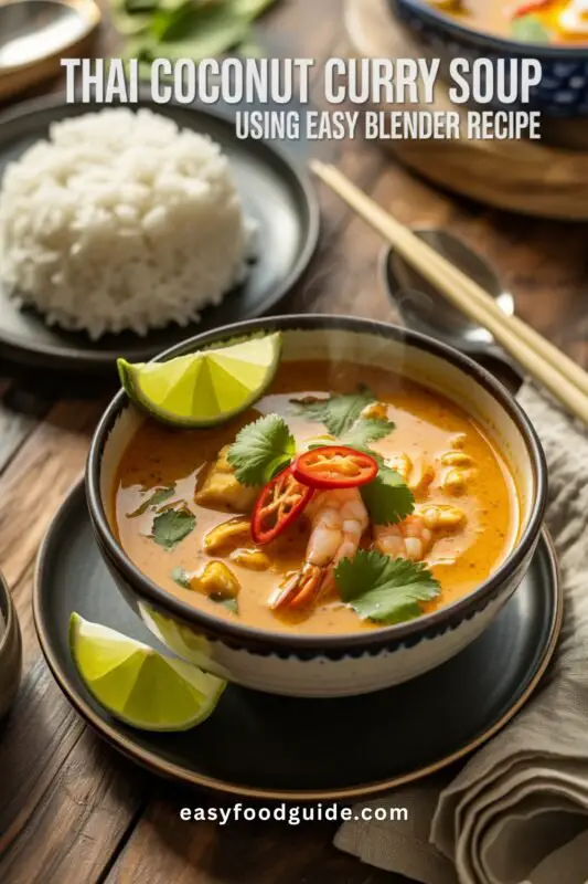 Spicy Thai Coconut Curry Soup with shrimp and cilantro in a white bowl, garnished with chili and lime, alongside jasmine rice.