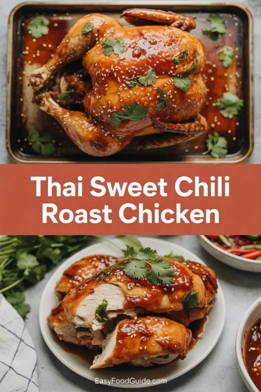Roasted Thai Sweet Chili Chicken garnished with cilantro and sesame seeds on a wooden table.