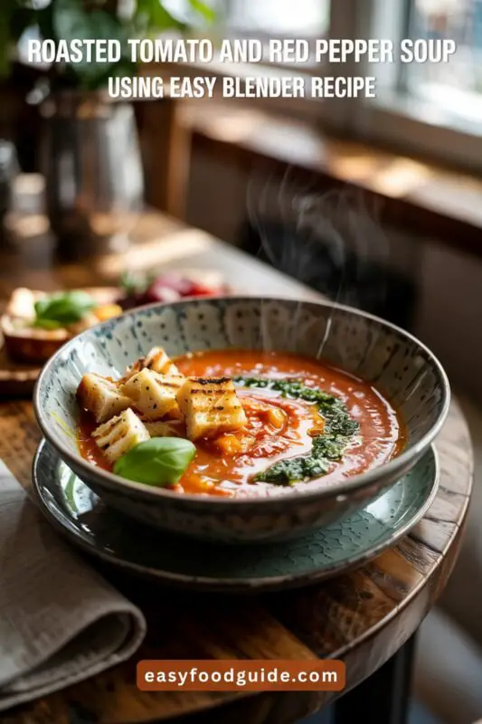 Roasted tomato and red pepper soup in a black bowl, topped with basil pesto and grilled cheese crouton, with bruschetta on the side.