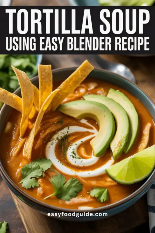 A vibrant bowl of tortilla soup topped with crispy strips, avocado, cilantro, and lime in warm lighting.