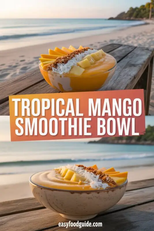 A delightful mango smoothie bowl topped with fresh fruits, granola, and chia seeds, showcasing a vibrant tropical theme.