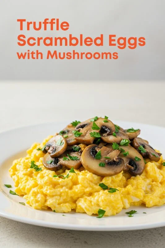 Luxury breakfast of truffle scrambled eggs and mushrooms on a white plate.