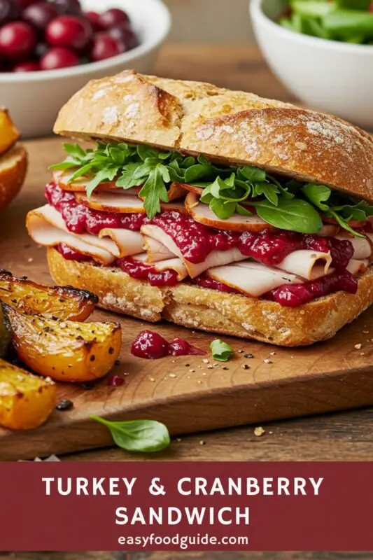 A savory turkey sandwich with cranberry sauce and fresh sage on artisanal bread, set on a linen napkin.