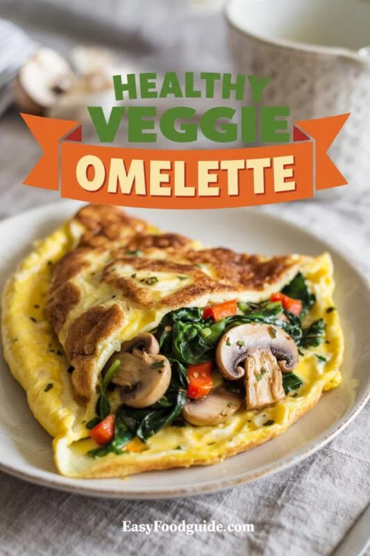 A colorful veggie omelette with spinach, mushrooms, and bell peppers on a white plate, accompanied by mixed greens in the morning light.
