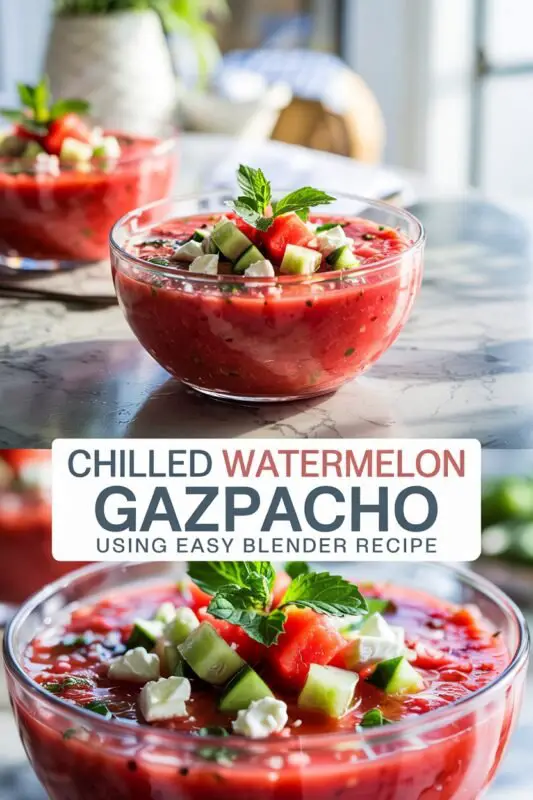 Chilled watermelon gazpacho in a clear bowl with cucumber, feta, mint, and grilled shrimp skewers, bright summer lighting.