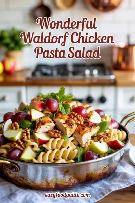 A colorful Waldorf Chicken Pasta Salad with chicken, apples, walnuts on a picnic table.