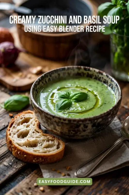 A creamy green soup made from zucchini and basil, garnished with basil leaves, served with multigrain bread in bright lighting.