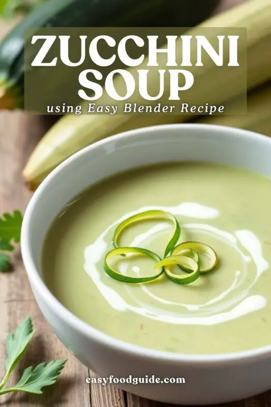 Creamy zucchini soup garnished with cream and zucchini ribbons in a white bowl on a rustic table.