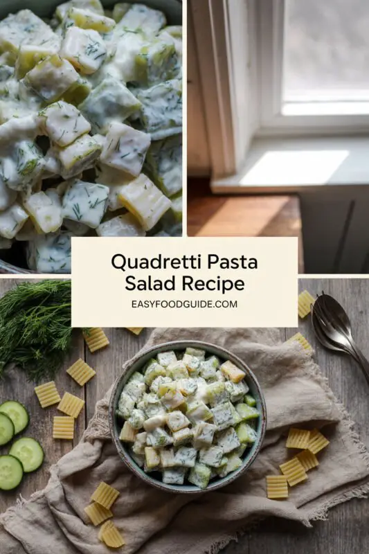 A colorful bowl of Quadretti Pasta Salad with cucumbers and dill, garnished with lemon, on a bright table.