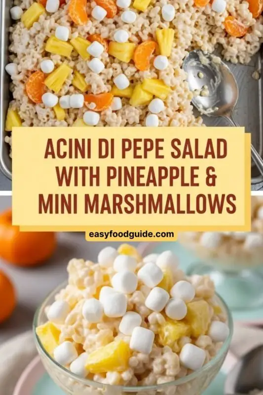 A colorful bowl of Frog Eye Salad with acini di pepe, pineapple, mandarin oranges, and mini marshmallows, garnished with coconut.