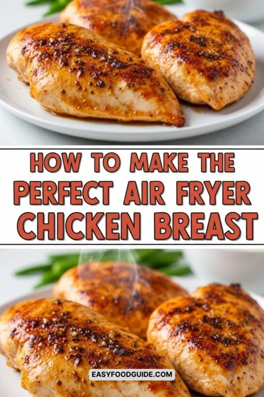 Juicy air fryer chicken breast on a plate with vegetables, garnished with herbs.