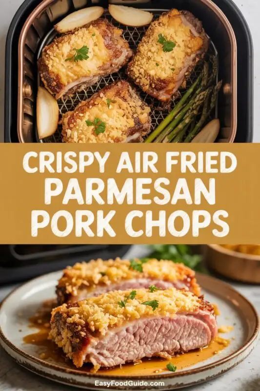 Crispy air fried Parmesan pork chops on a plate, garnished with herbs, served with vegetables.
