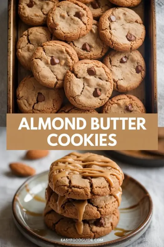 A plate of almond butter cookies with chocolate chips on a rustic wooden table.