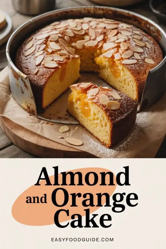 Flourless Almond and Orange Cake with powdered sugar and sliced almonds on a wooden table, surrounded by fresh oranges.