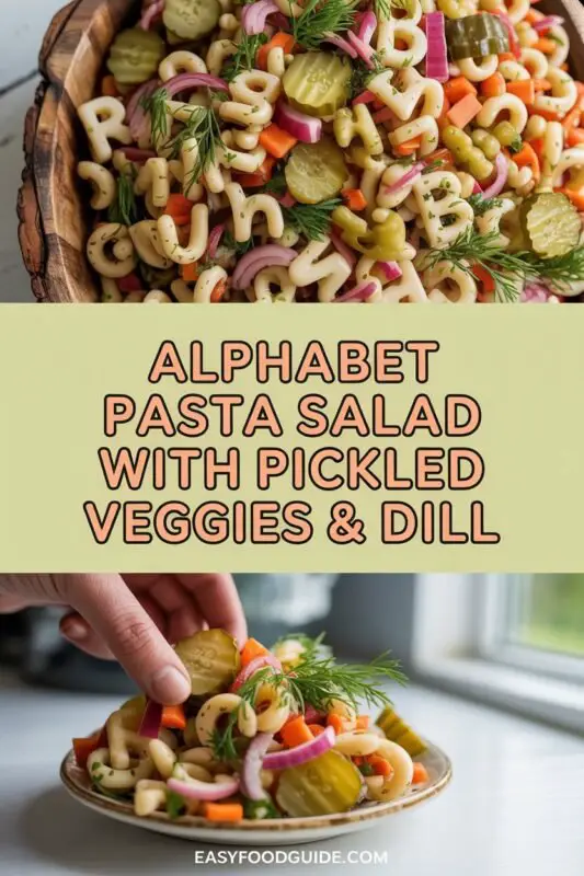 A colorful bowl of Alphabet Pasta Salad with pickled veggies and fresh dill, ideal for a light lunch or potluck.