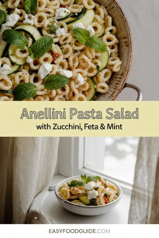 A refreshing Anellini Pasta Salad with zucchini, feta, and mint in a bowl, set on a rustic table.