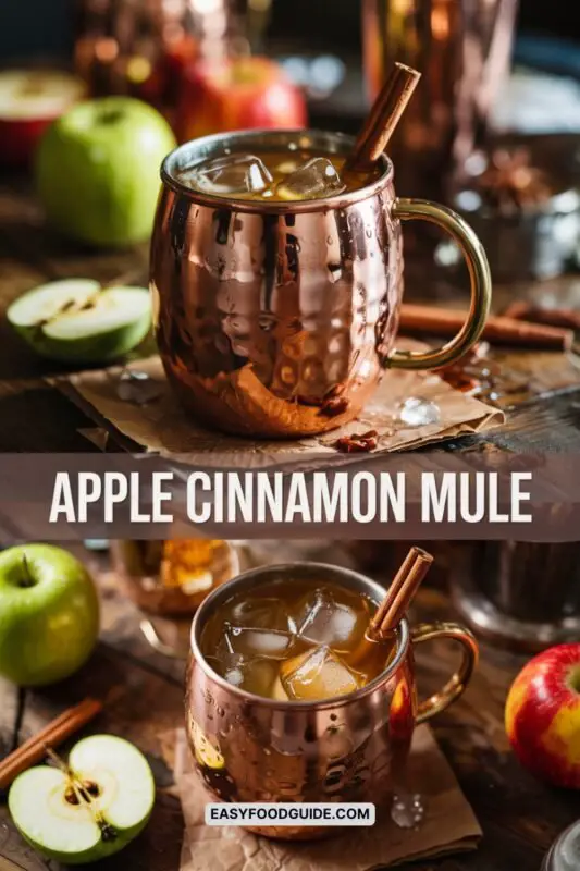 A copper mug filled with Apple Cinnamon Mule cocktail, garnished with a cinnamon stick, surrounded by autumn leaves.