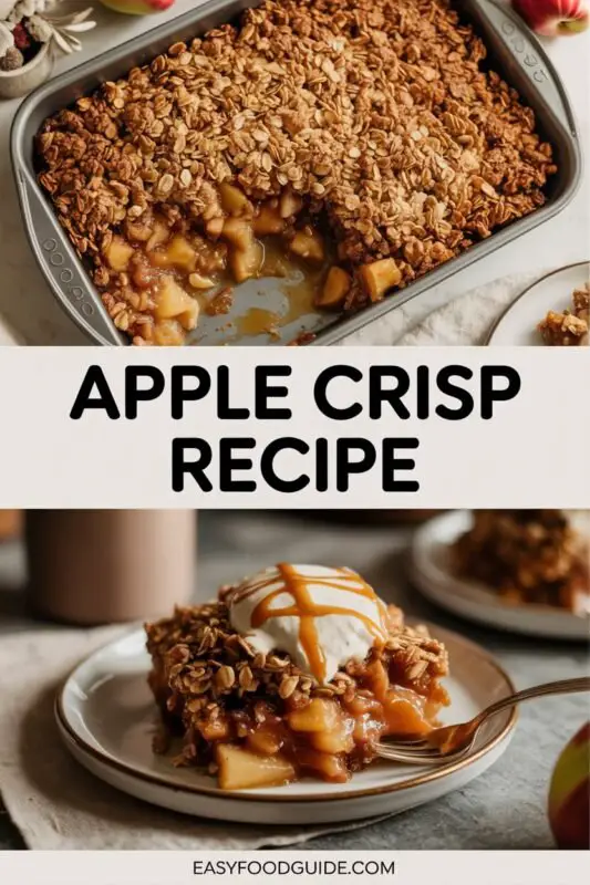 A delicious apple crisp dessert with oat topping, served with ice cream and caramel sauce, surrounded by fresh apples.