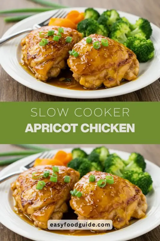 apricot-chicken-01 Slow Cooker Apricot Chicken served with rice and broccoli, garnished with green onions on a rustic table.