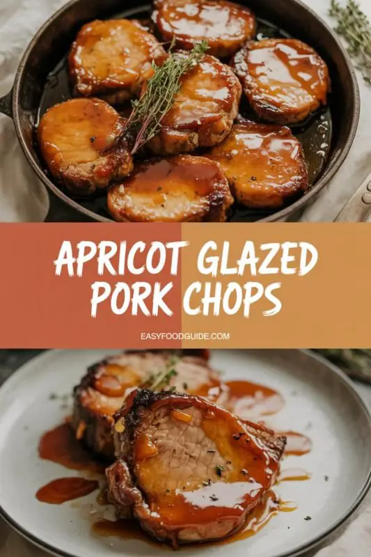 Apricot glazed pork chops served with vegetables and rice on a rustic table.