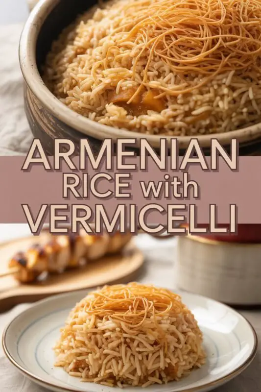 A bowl of Armenian Rice Pilaf with toasted vermicelli noodles, garnished with parsley, on a rustic wooden table.