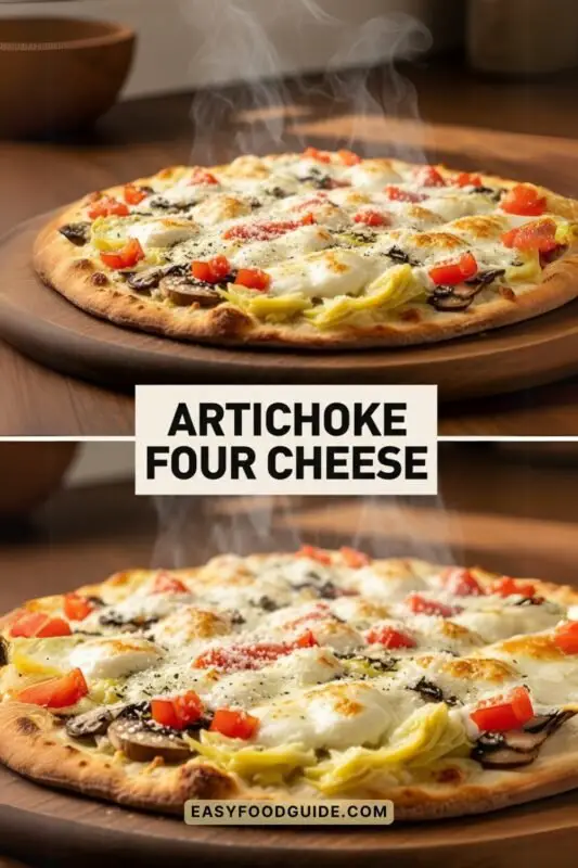 artichoke-four-cheese-9 Artichoke Four Cheese pizza with melted cheeses, mushrooms, and artichokes on a wooden table.