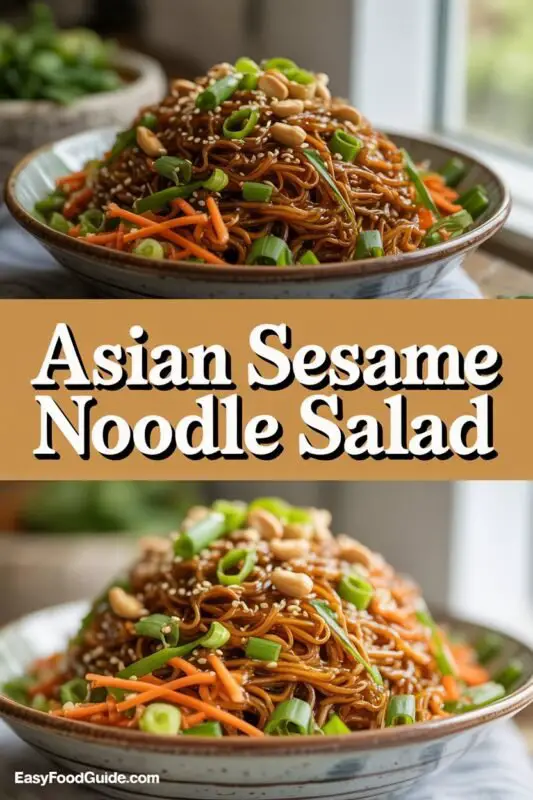 A vibrant Asian Sesame Noodle Salad with noodles, carrots, scallions, and peanuts, garnished with sesame seeds.