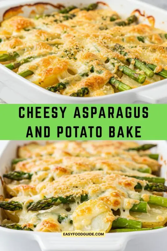 Cheesy Asparagus and Potato Bake with layers of potatoes and asparagus in a creamy cheese sauce, topped with breadcrumbs, on a rustic wooden table.