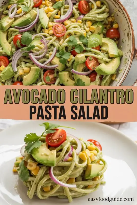 A colorful bowl of avocado cilantro pasta salad with rotini, cherry tomatoes, corn, and cilantro, served in a rustic bowl.
