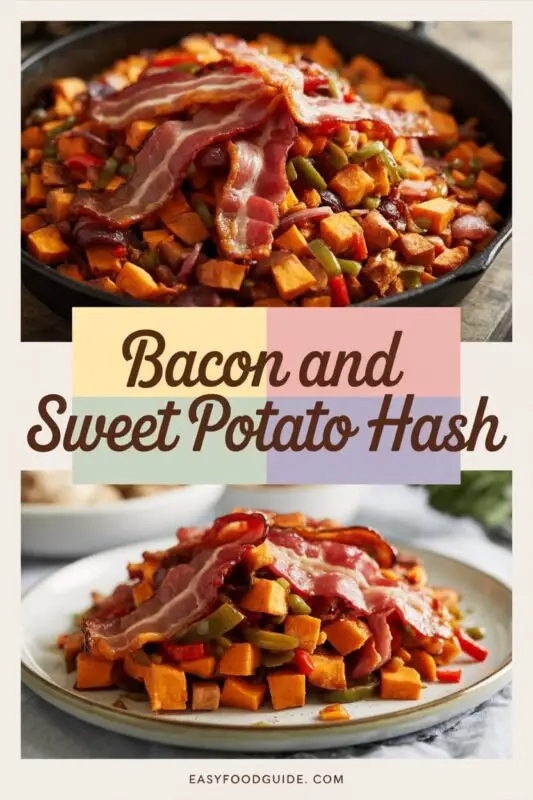 A skillet filled with crispy bacon and roasted sweet potato hash, garnished with parsley, on a wooden table.