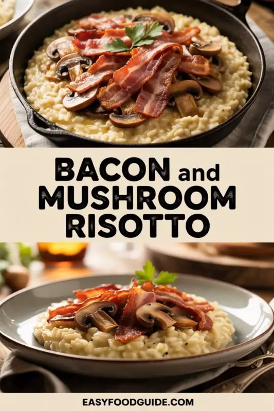 A bowl of creamy bacon and mushroom risotto garnished with parsley and Parmesan cheese.