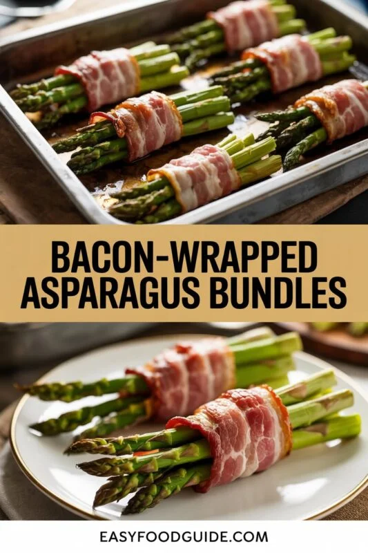 Crispy bacon-wrapped asparagus bundles on a plate, garnished and ready to serve.