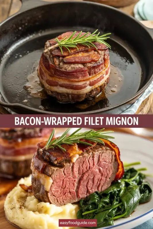 A gourmet bacon-wrapped filet mignon on a plate, garnished with herbs, alongside roasted vegetables and red wine.
