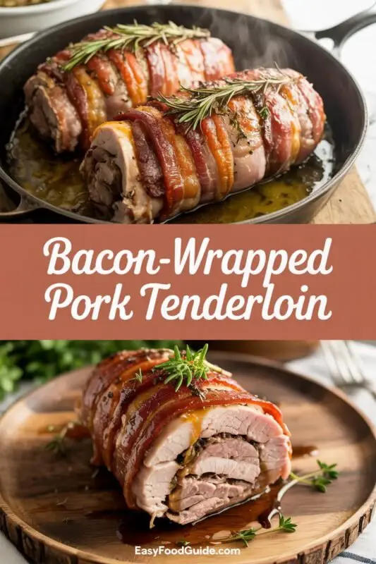 A succulent bacon-wrapped pork tenderloin sliced and garnished with herbs