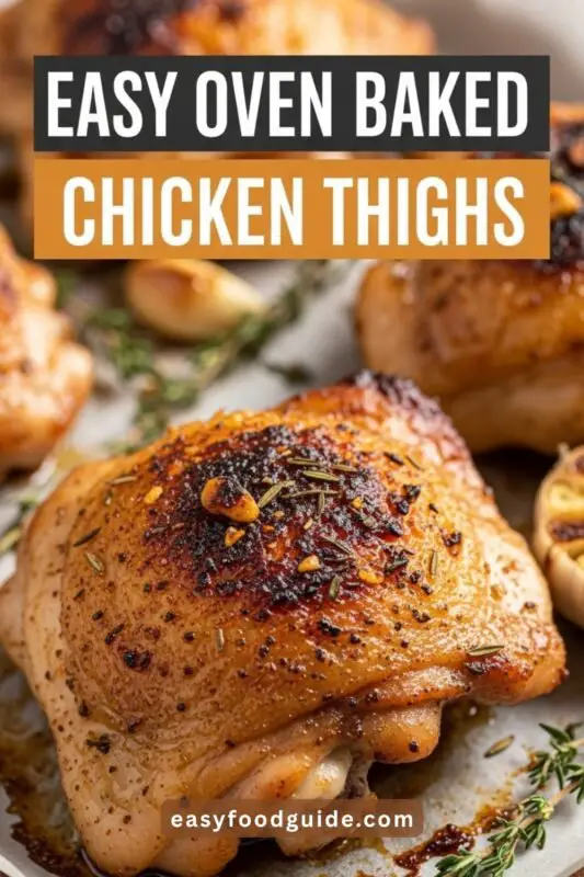 Crispy oven baked chicken thighs on a plate with roasted vegetables and salad, served on a rustic wooden table.